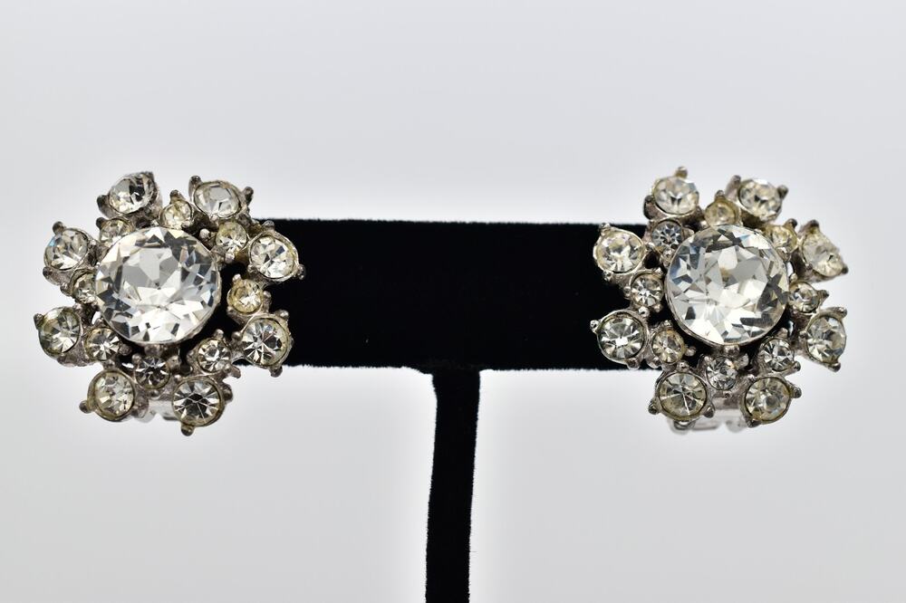 Bogoff Vintage Rhinestone Crystal Cluster Clip On Earrings Signed 1960s BinAK